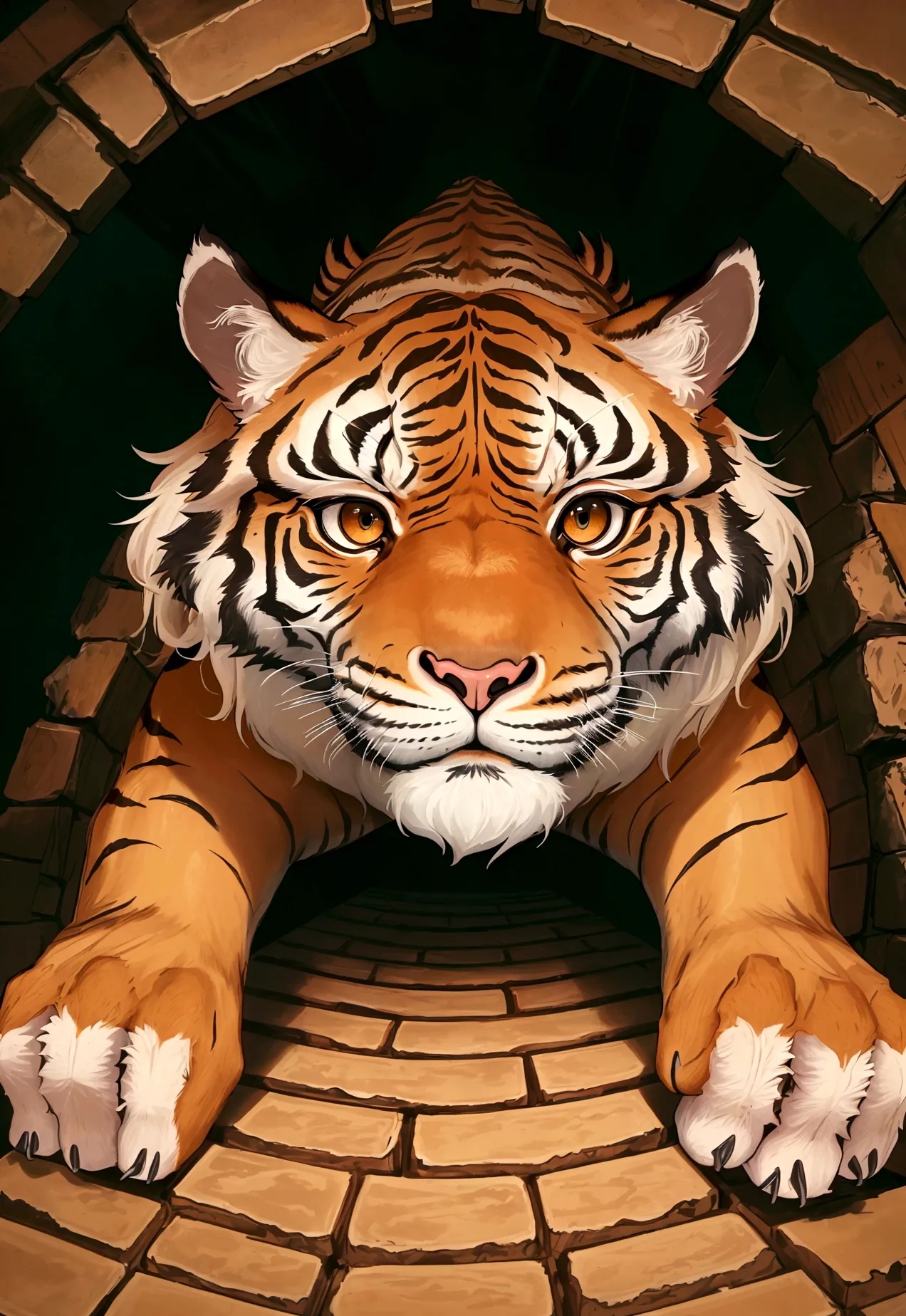 an image from the perspective of a tiger trapped in a pit, looking up. the viewpoint should be from the bottom of the pit, showi...