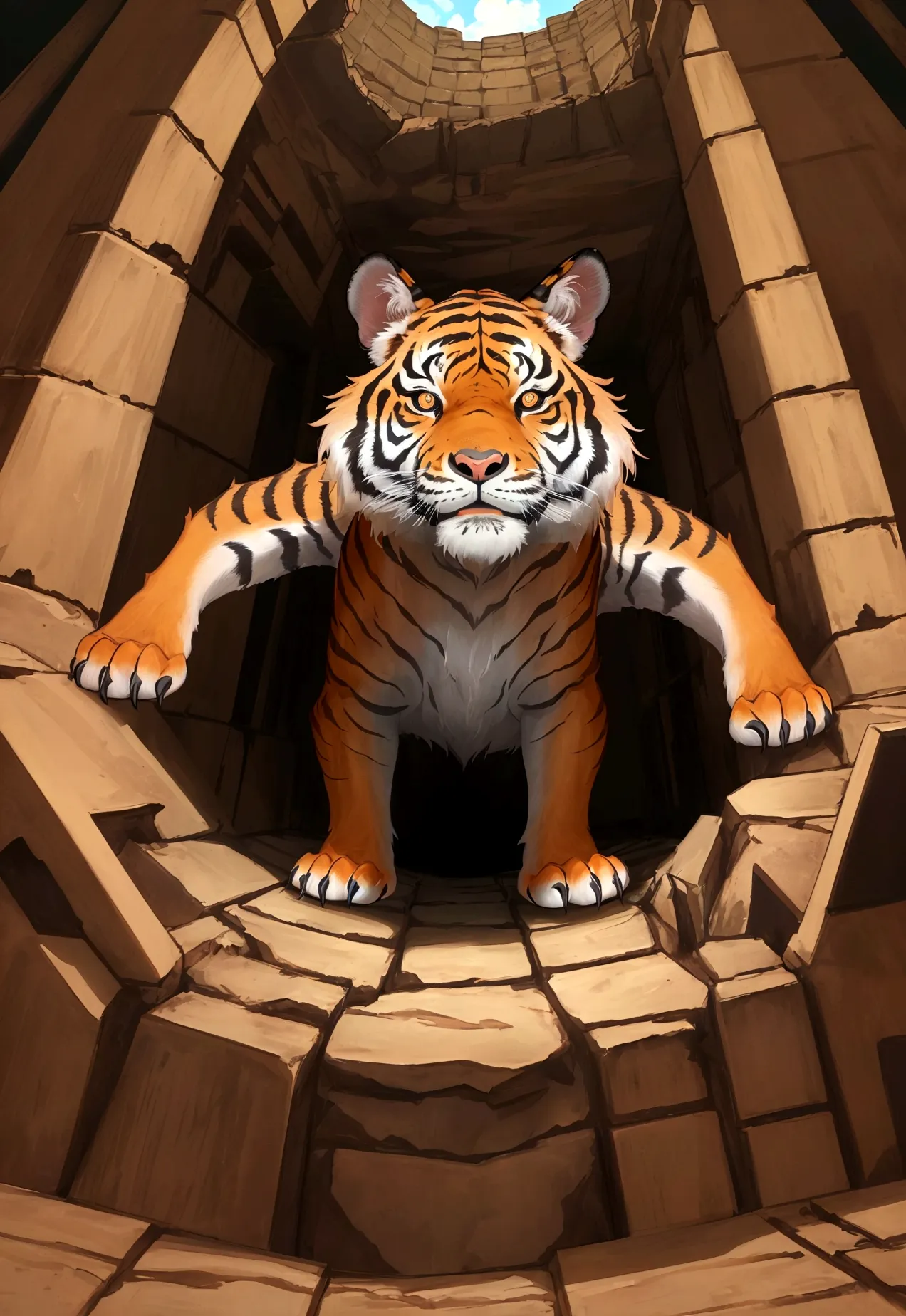 an image from the perspective of a tiger trapped in a pit, looking up. the viewpoint should be from the bottom of the pit, showi...