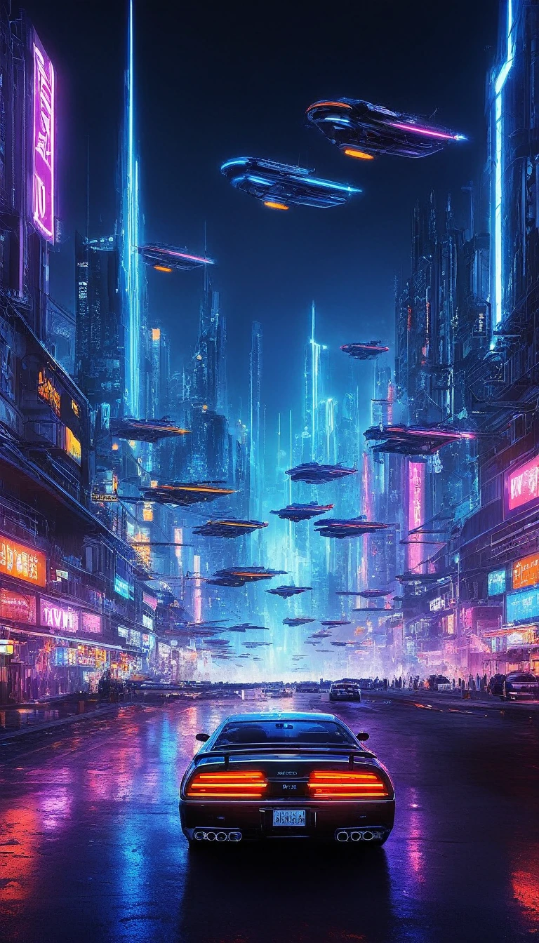 período noturno, ilustração noturna futurista, carros voadores de todas as cores, (pairando_car:1.5),, Horizonte ciberpunk, pairando traffic jam
