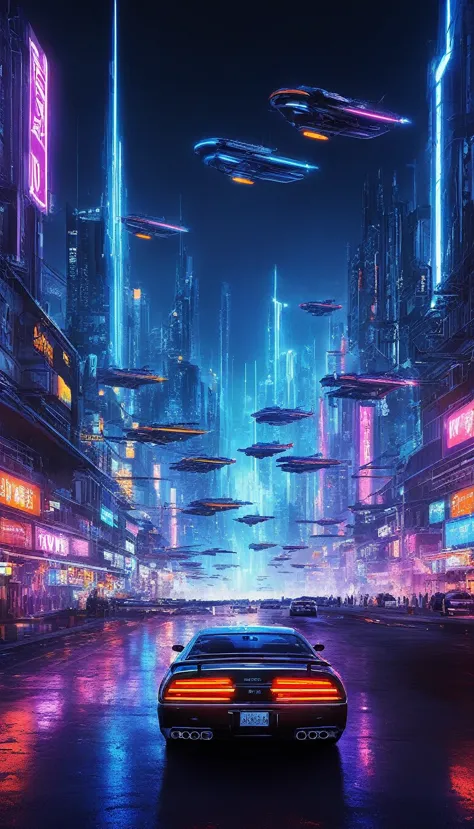 night time, futuristic night illustration, flying cars of all colors, (hovering_car:1.5),, cyberpunk skyline, hovering traffic j...