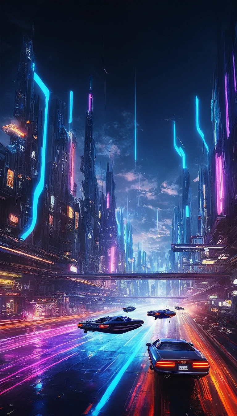Noche, ilustración nocturna futurista, flying autos of all colors, (flotando_auto:1.5),, Horizonte cyberpunk, flotando traffic jam