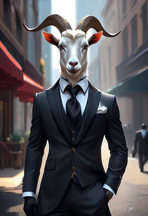 a goat in a black suit, gentleman, furry art, oc, drawing