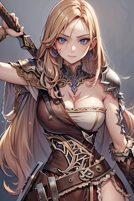 beautiful woman, long blonde hair, scar on her left arm, beautiful and detailed face, holding sword in her left arm.