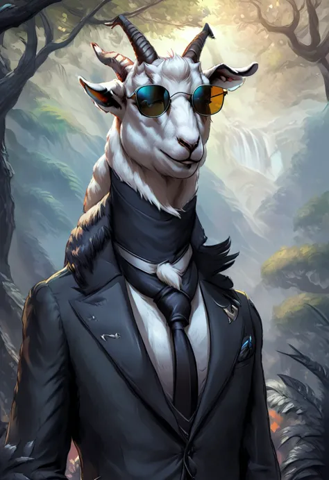 a goat in a black suit, wearing sunglasses,gentleman goat,furry art,oc character,drawing style,looking at landscape,forest backg...