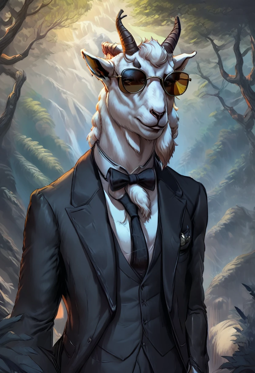 a goat in a black suit, wearing sunglasses,gentleman goat,furry art,oc character,drawing style,looking at landscape,forest background,high quality,detailed,cinematic lighting,cold color tones, professional artwork, masterpiece