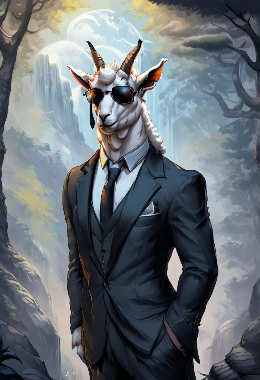 a goat in a black suit, wearing sunglasses,gentleman goat,furry art,oc character,drawing style,looking at landscape,forest background,high quality,detailed,cinematic lighting,cold color tones, professional artwork, masterpiece