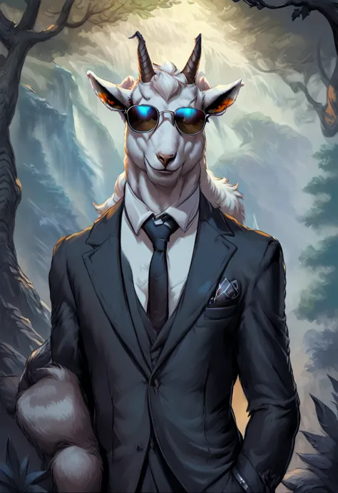 a goat in a black suit, wearing sunglasses,gentleman goat,furry art,oc character,drawing style,looking at landscape,forest backg...