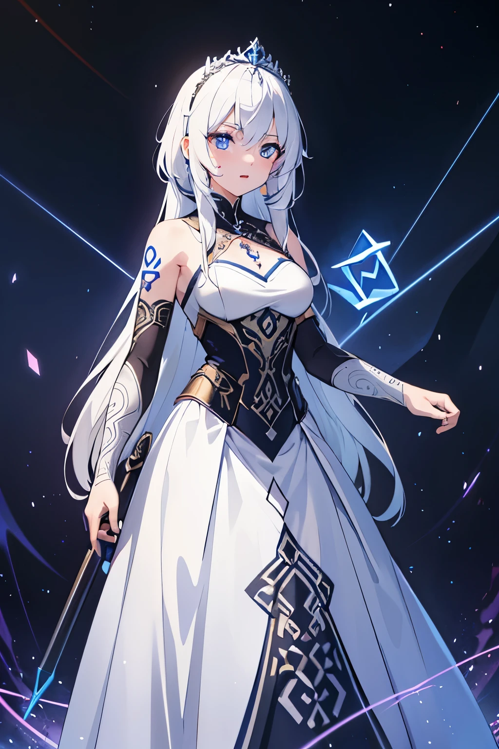 4K high resolution, one female, (((Rune Tattoos))), white hair, princess dress gown, armor, tiara