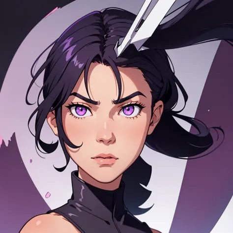 short black hair, full top of head hairstyle, highres, high resolution, masterpiece, wide purple eyes, pointy eye shape, masterp...