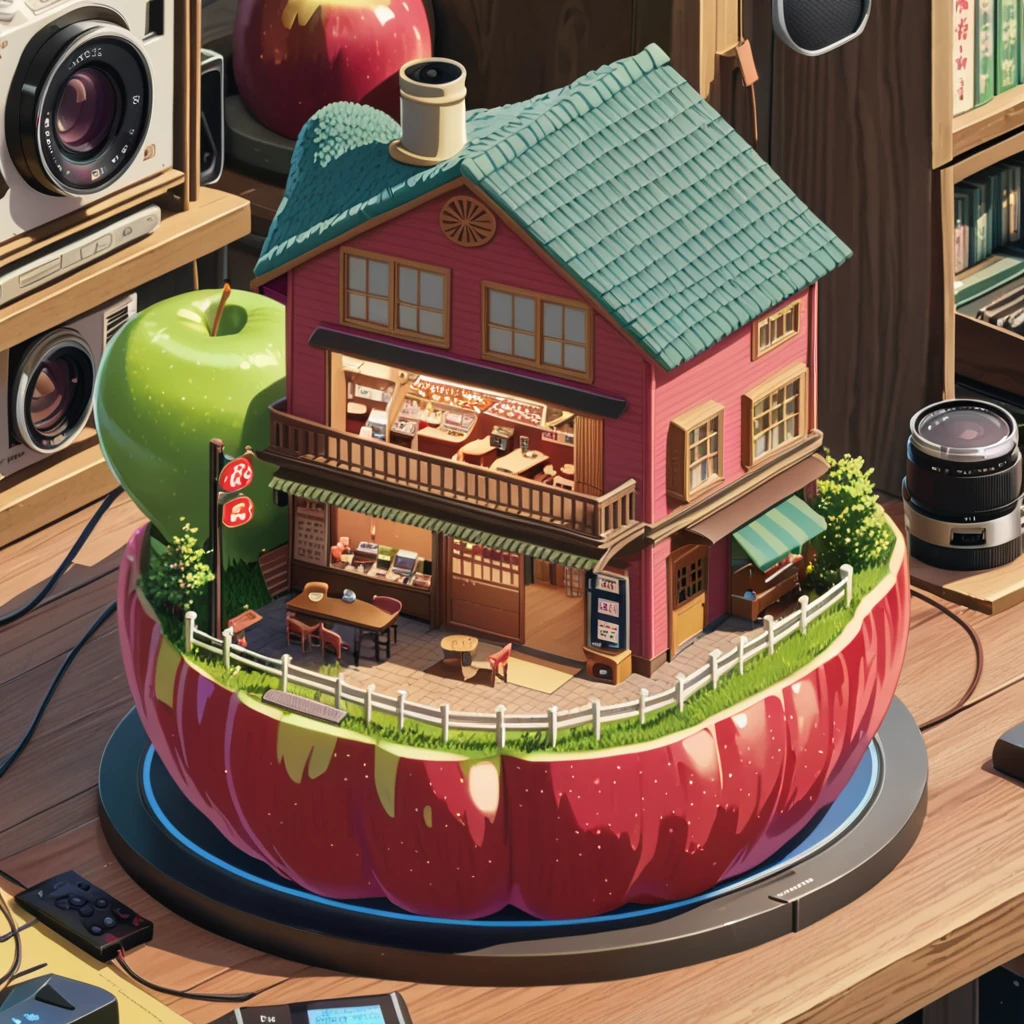 ((anime:1.4,illustration)),(masterpiece, top quality, best quality),(ultra-detailed, absolutely resolution),((16k, high res)), (((a miniature of a model of a small town for mouse inside an apple, incredibly detailed, a microscopic photo, photorealism)) ((cosy lofi illustration:1.4)), ((anime:1.4, illustration)),(masterpiece, top quality, best quality),(ultra-detailed, absolutely resolution),((16k, high res)) BREAK {lofi art, style of Laurie Greasley, style of Makoto Shinkai, anime aesthetic}, BREAK { (produces images with information than 40 million pixels with cinematic-like detailed textures shot on a Sony SLR).}