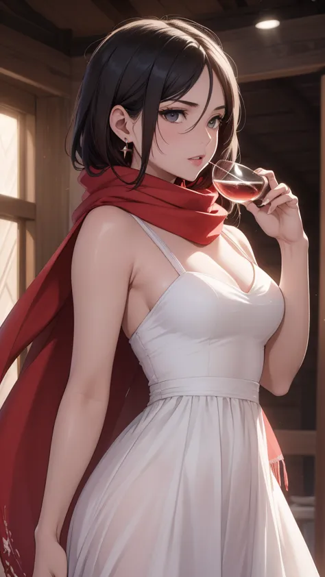 (masterpiece, best quality:1.2), solo, 1girl, Mikasa Ackerman, Attack on titan, looking at viewer, red gorgeous scarf, earrings,...