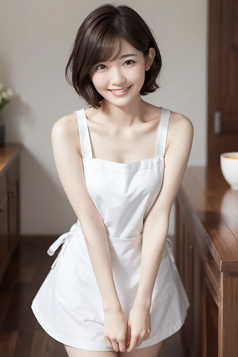 (Highest quality、Tabletop、8k、Best image quality、Award-winning works)、1. pretty girl、(Short Bob Hair:1.1)、(Naked with a white apr...