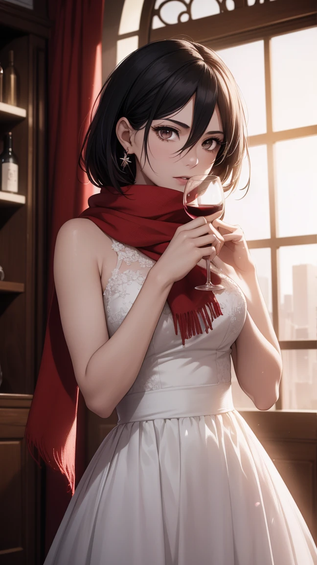 (masterpiece, best quality:1.2), solo, 1girl, Mikasa Ackerman, Attack on titan, looking at viewer, red gorgeous scarf, earrings, official art, extremely detailed CG unity 8k wallpaper, perfect lighting, (masterpiece:1.0),(best_quality:1.0), ultra high res,4K,ultra-detailed, photography, 8K, HDR, highres, absurdres:1.2,, bokeh:1.2, lens flare, (vibrant_color:1.2),(beautiful_face:1.5),(narrow_waist),(perfect hands, perfect anatomy), white wedding dress, wedding dress, gala dinner, holding a glass of wine, white dress