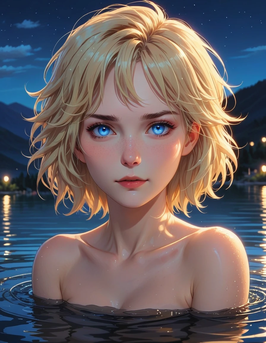 comic art style, 90's aesthetic, deitailed textures, soft and warm light, adult Woman(pale skin, short messy blonde hair, blue eyes), bathing in the lake at night, naked