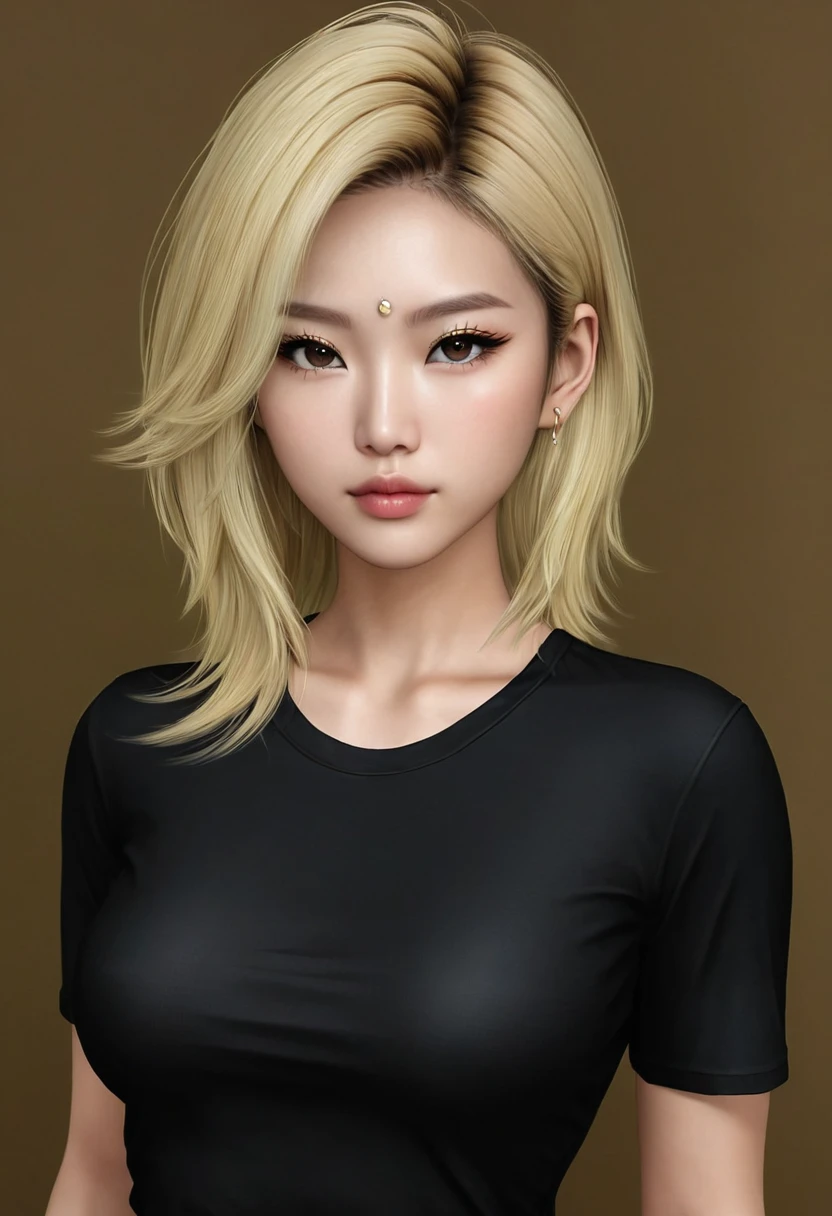 a pretty sexy blonde asian girl with almond eyes and slim body. You can see her entire body and she has everything very well defined. She has moles on her face and piercing. Wear a low-cut black shirt.
