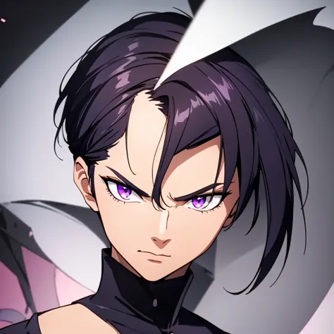 short black hair, full top of head hairstyle, highres, high resolution, masterpiece, wide purple eyes, pointy eye shape, masterp...