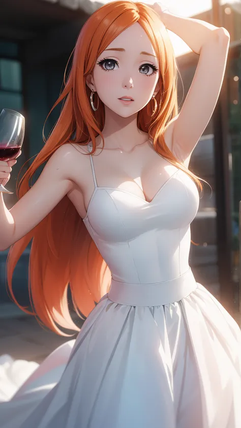 (masterpiece, best quality:1.2), solo, 1girl, orihime inoue, bleach, looking at viewer, earrings, midriff, official art, extreme...