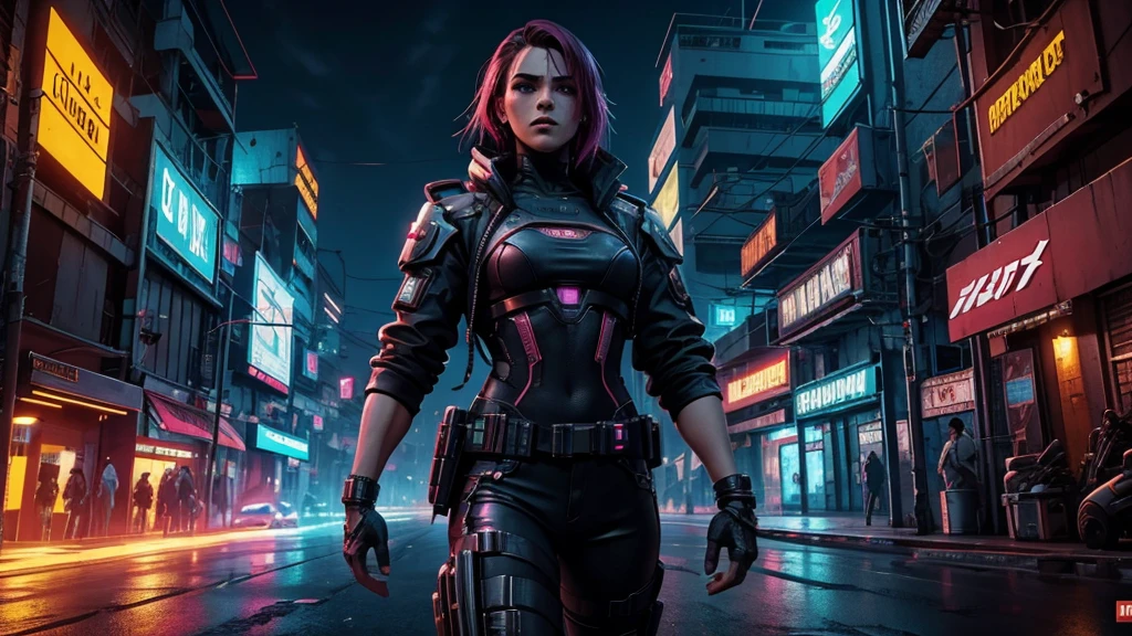 cidade cyberpunk, mulher e homem protagonista, Ação, noite, atmosférico, detalhes em 8k, alto nível de detalhe