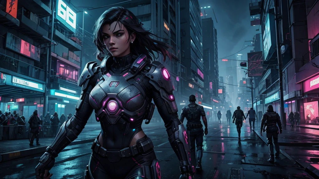 ville cyberpunk, protagoniste femme et homme, Action, Nuit, atmosphérique, DÉTAILS 8K, Haut niveau de détail