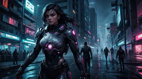 cidade cyberpunk, mulher e homem protagonista, Action, noite, atmospheric, detalhes em 8k, high level of detail