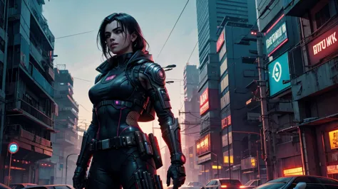 cidade cyberpunk, mulher e homem protagonista, action, noite, atmospheric, detalhes em 8k, high level of detail