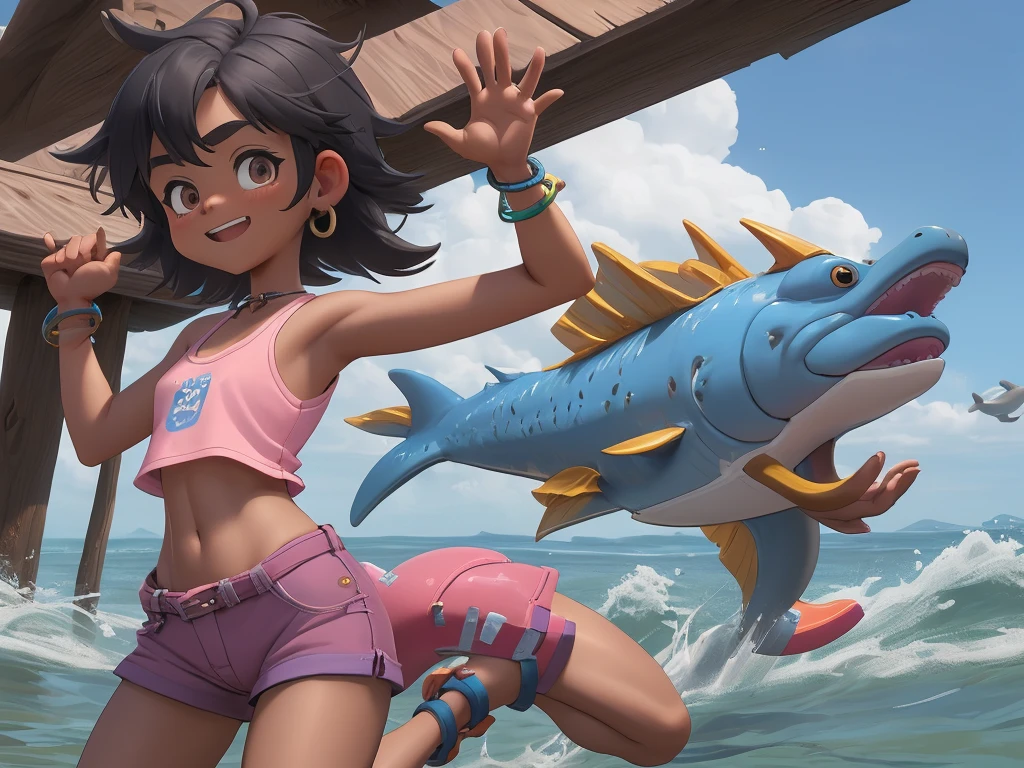 tomboy, rustic, tiny, dark skin, 5-year-old girl, short blue hairstyle, wide eyebrows, brown eyes, very flat, small ass, earrings, bracelet, short pink shirt, exposed navel, yellow dolphin shorts, blue flip-flops, excited, waving on a fishing pier, ecchi anime, Takase Yuu style, cinematic, dramatic, masterpiece, dynamic vision, full body,