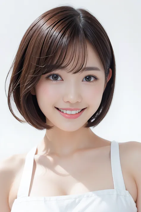 (highest quality、tabletop、8k、best image quality、award-winning works)、1. pretty girl、(short bob hair:1.1)、(naked with a white apr...