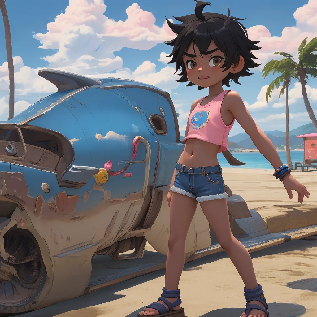 tomboy, rustic, , dark skin, 5-year-old girl, short blue hairstyle, wide eyebrows, brown eyes, very flat, small ass, earrings, bracelet, short pink shirt, exposed navel, yellow dolphin shorts, blue flip-flops, excited, waving on a pier, ecchi anime, Takase Yuu style, cinematic, dramatic, masterpiece, dynamic vision, full body,