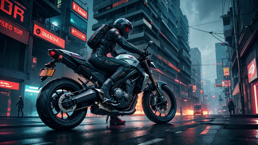 citys, cyberpunk, atmospheric, 8K DETAILS, motorbike