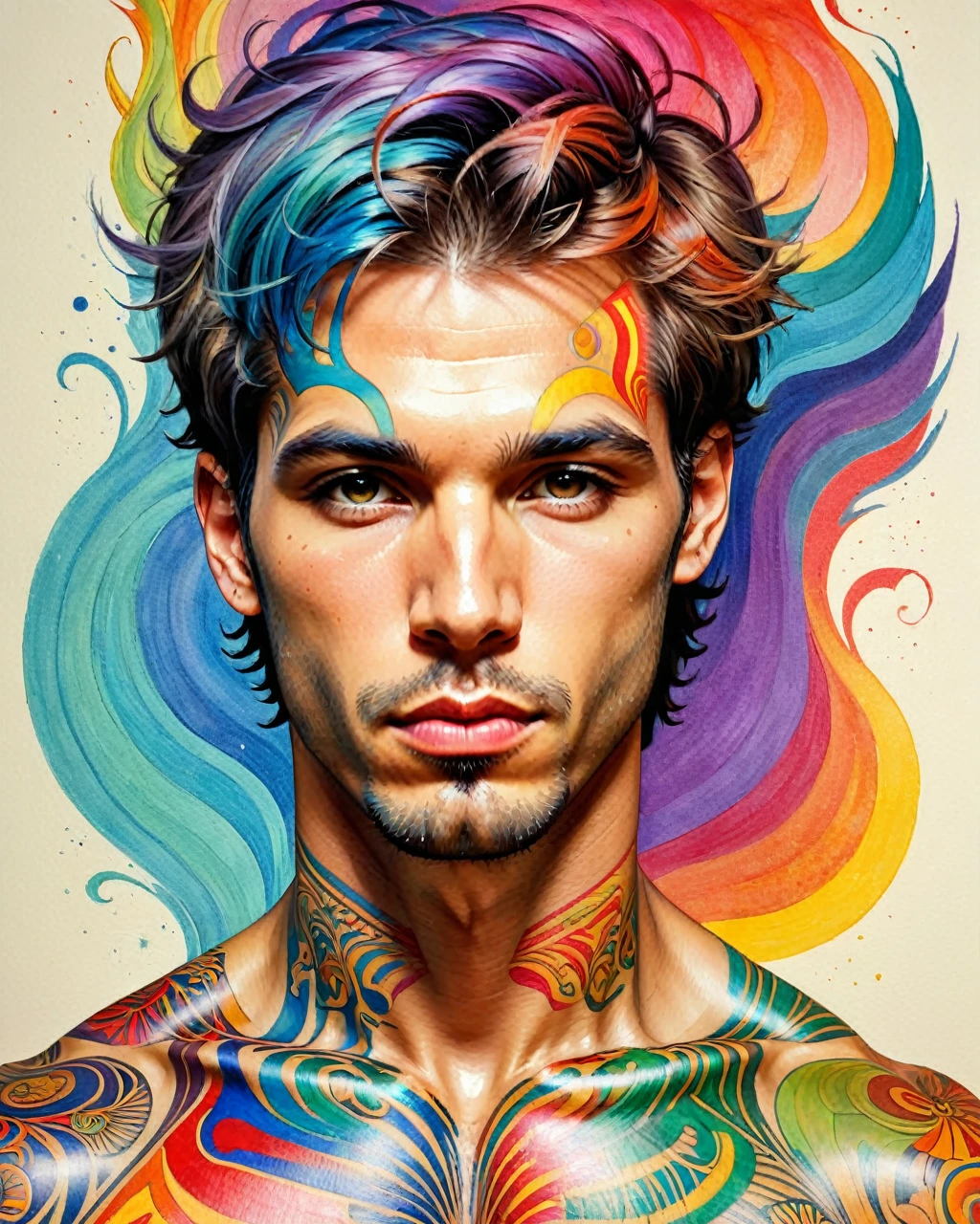 psychedelic style "uma pintura de um homem com tinta colorida no rosto, detailed retrato colorido, retrato de um menino de retalhos, David Mack •, retrato colorido, rosto tatuado, inspirado em Hedi Xandt, Anton, Retrato altamente detalhado, colorful illustration, intricate heterochromatic sad, homem extremamente detalhista, retrato pintado centrado, homem tatuado, desenho colorido, retrato extremamente detalhado" . cores vibrantes, rotating patterns, formas abstratas, Surreal, alucinante,,((whole body:1.4))