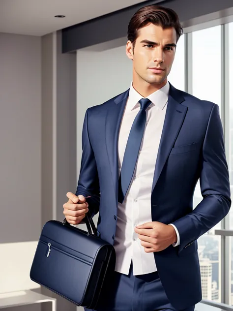 a confident businessman, wearing a navy blue tailored suit, an impeccable white shirt, and a red silk tie. he is in a sophistica...