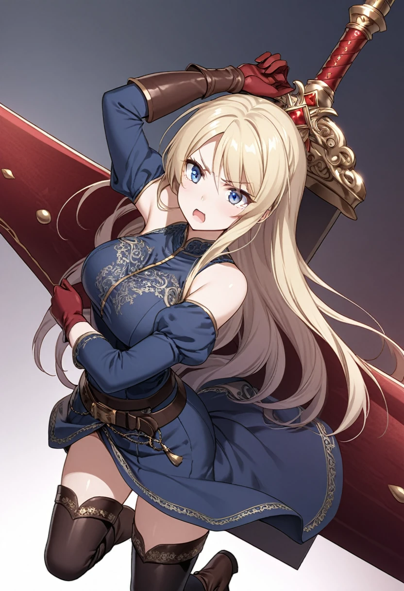 20-year-old anime girl, long blonde hair, blue eyes, angry expression, long dark blue skirt with gold embroidery at the hem, old-fashioned blue blouse with long fitted sleeves, adorned with red details, red leather gloves that reach her elbows, dark brown leather boots that reach mid-calf, leather belt adorned with a golden buckle and red details, her weapon is a huge greatsword with a gold and red decorated handle, hanging on her back in an ornate sheath. 