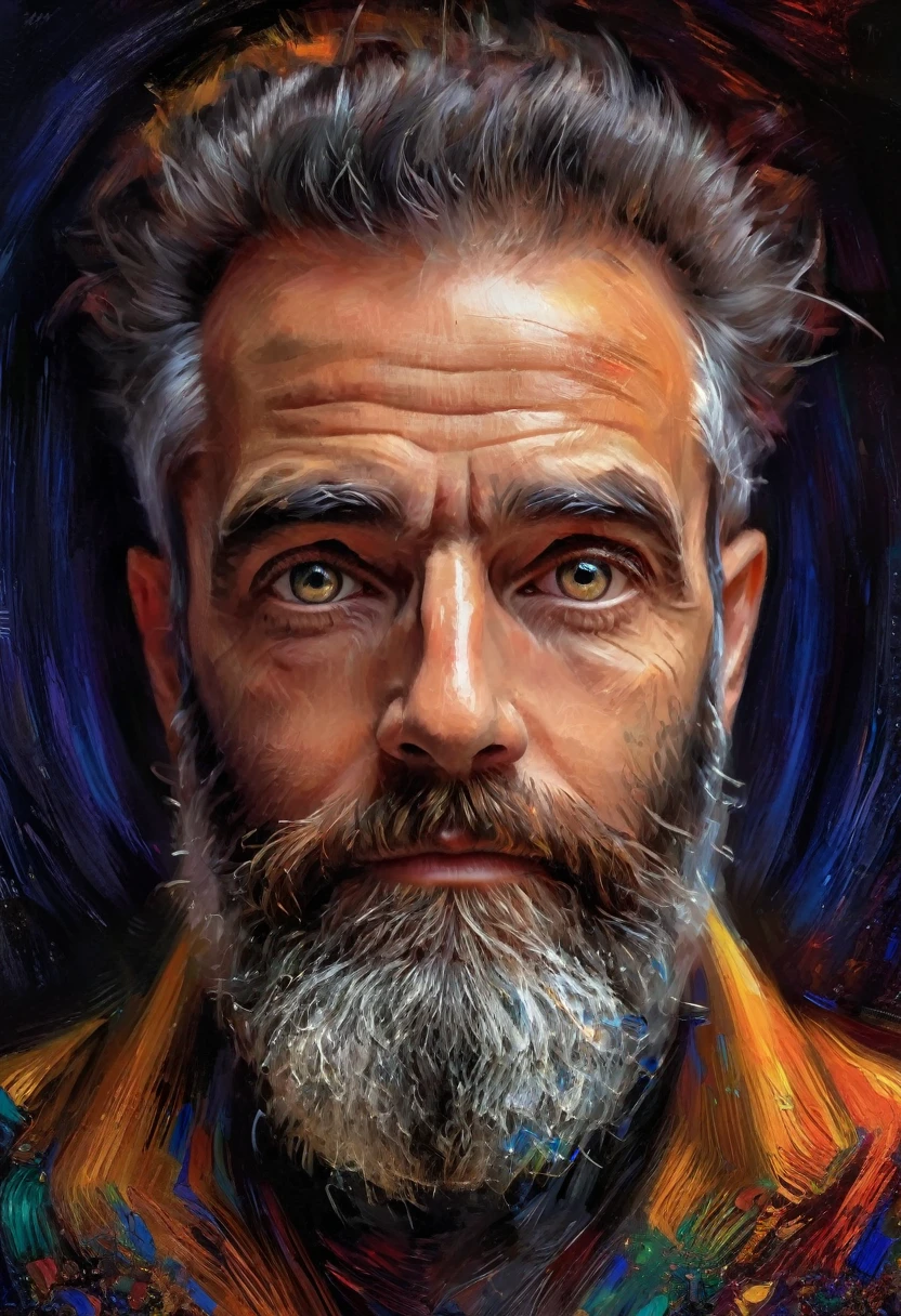 (realismo impressionista por csybgh), retrato de um engenheiro de software, ele está criando prosperidade universal e criando um sistema de inteligência artificial, ele tem uma barba selvagem e olhos hipnóticos, iluminado por telas de computador, motivo de código digital, Obra de arte, 8K,,((todo o corpo:1.4))