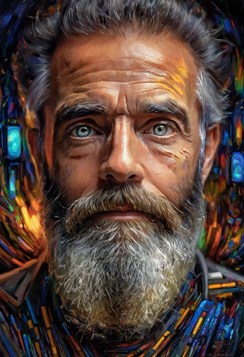 (realismo impressionista por csybgh), retrato de um engenheiro de software, he is creating universal prosperity and creating an artificial intelligence system, he has a wild beard and hypnotic eyes, iluminado por telas de computador, digital code motif, Obra de arte, 8K,,((whole body:1.4))