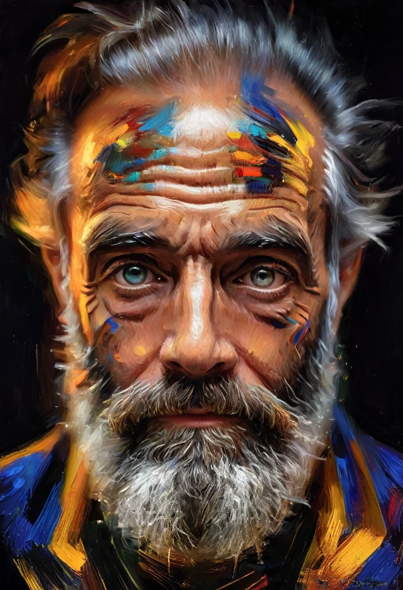 (realismo impressionista por csybgh), retrato de um engenheiro de software, ele está criando prosperidade universal e criando um sistema de inteligência artificial, ele tem uma barba selvagem e olhos hipnóticos, iluminado por telas de computador, motivo de código digital, Obra de arte, 8K,,((todo o corpo:1.4))