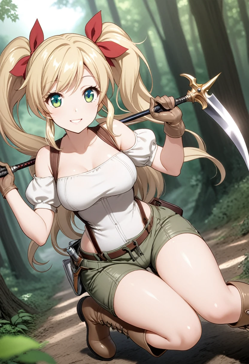 30-year-old anime woman, blonde hair in pigtails, green eyes, tender and smiling expression, long explorer-style shorts with beige suspenders, short-sleeved white blouse, red ribbon in her hair, beige leather gloves, dark beige, in forest leather boots that reach mid-calf, her weapons are two daggers she carries at her waist. 