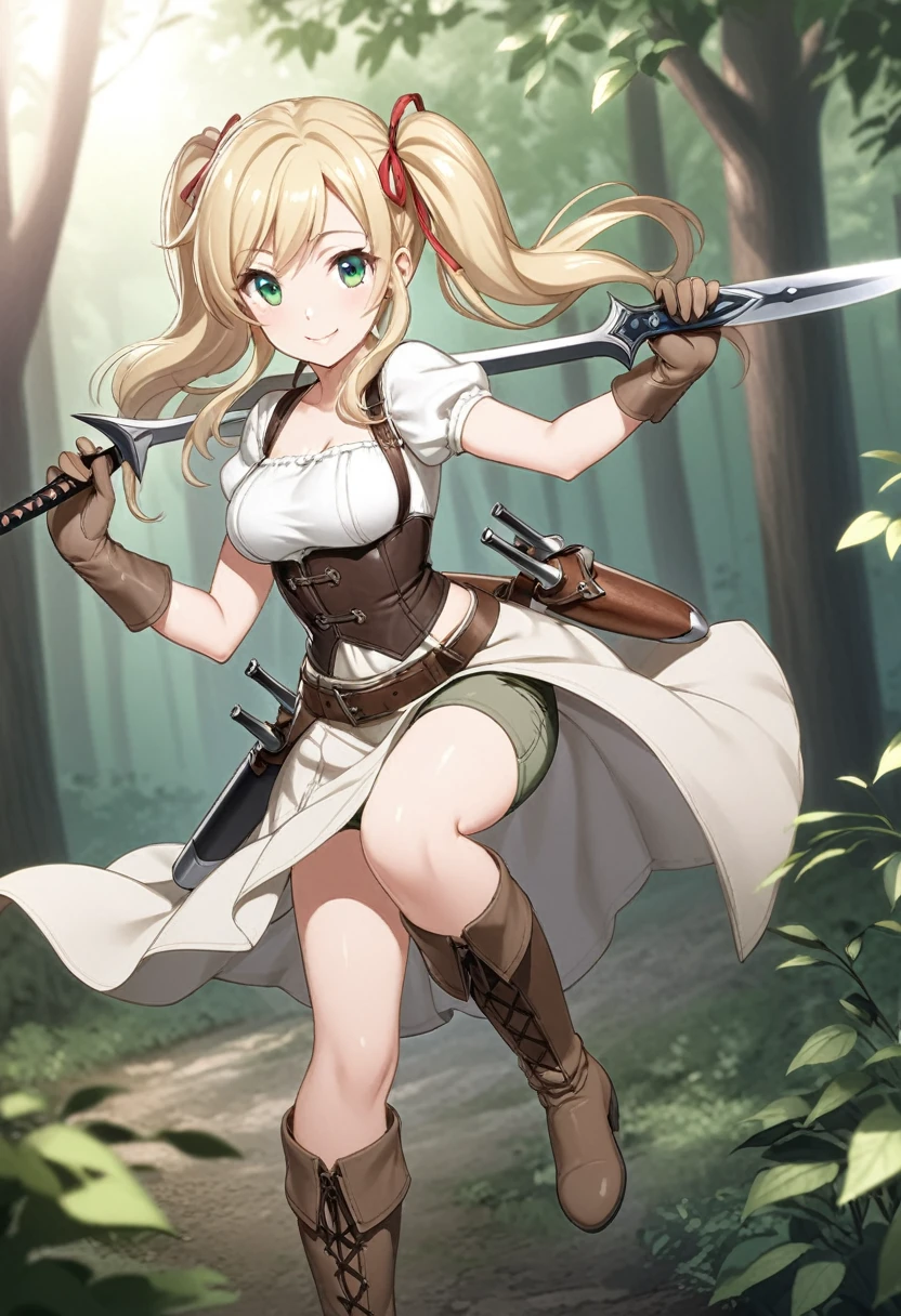 30-year-old anime woman, blonde hair in pigtails, green eyes, tender and smiling expression, long explorer-style shorts with beige suspenders, short-sleeved white blouse, red ribbon in her hair, beige leather gloves, dark beige, in forest leather boots that reach mid-calf, her weapons are two daggers she carries at her waist. 