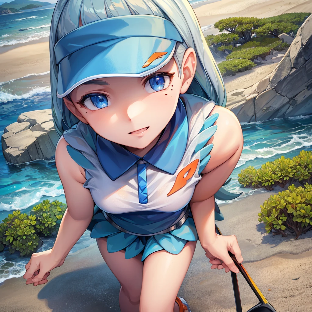 (masterpiece:1.2), (best quality), (ultra detailed), (8k, 4k, intricate), (full-body-shot:1), (highly detailed:1.2), (detailed face:1.2), (detailed background), beach background, detailed landscape, pov, kahili, visor cap, collared shirt, sleeveless, skirt, holding golf club,