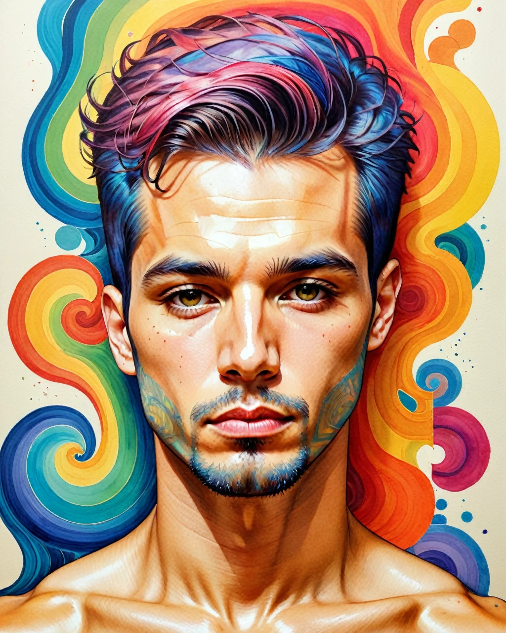 psychedelic style "uma pintura de um homem com tinta colorida no rosto, detailed retrato colorido, retrato de um menino de retalhos, David Mack •, retrato colorido, rosto tatuado, inspirado em Hedi Xandt, Anton, Retrato altamente detalhado, colorful illustration, intricate heterochromatic sad, homem extremamente detalhista, retrato pintado centrado, homem tatuado, desenho colorido, retrato extremamente detalhado" . cores vibrantes, rotating patterns, formas abstratas, Surreal, alucinante,,((whole body:1.9))