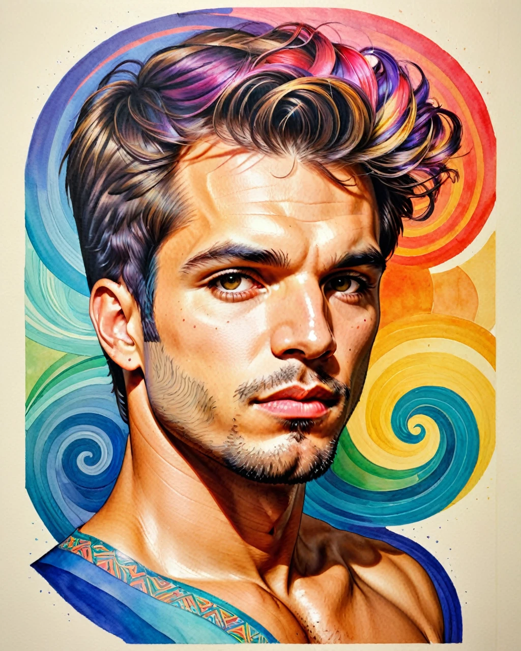 psychedelic style "uma pintura de um homem com tinta colorida no rosto, detailed retrato colorido, retrato de um menino de retalhos, David Mack •, retrato colorido, rosto tatuado, inspirado em Hedi Xandt, Anton, Retrato altamente detalhado, colorful illustration, intricate heterochromatic sad, homem extremamente detalhista, retrato pintado centrado, homem tatuado, desenho colorido, retrato extremamente detalhado" . cores vibrantes, rotating patterns, formas abstratas, Surreal, alucinante,,((whole body:1.9))