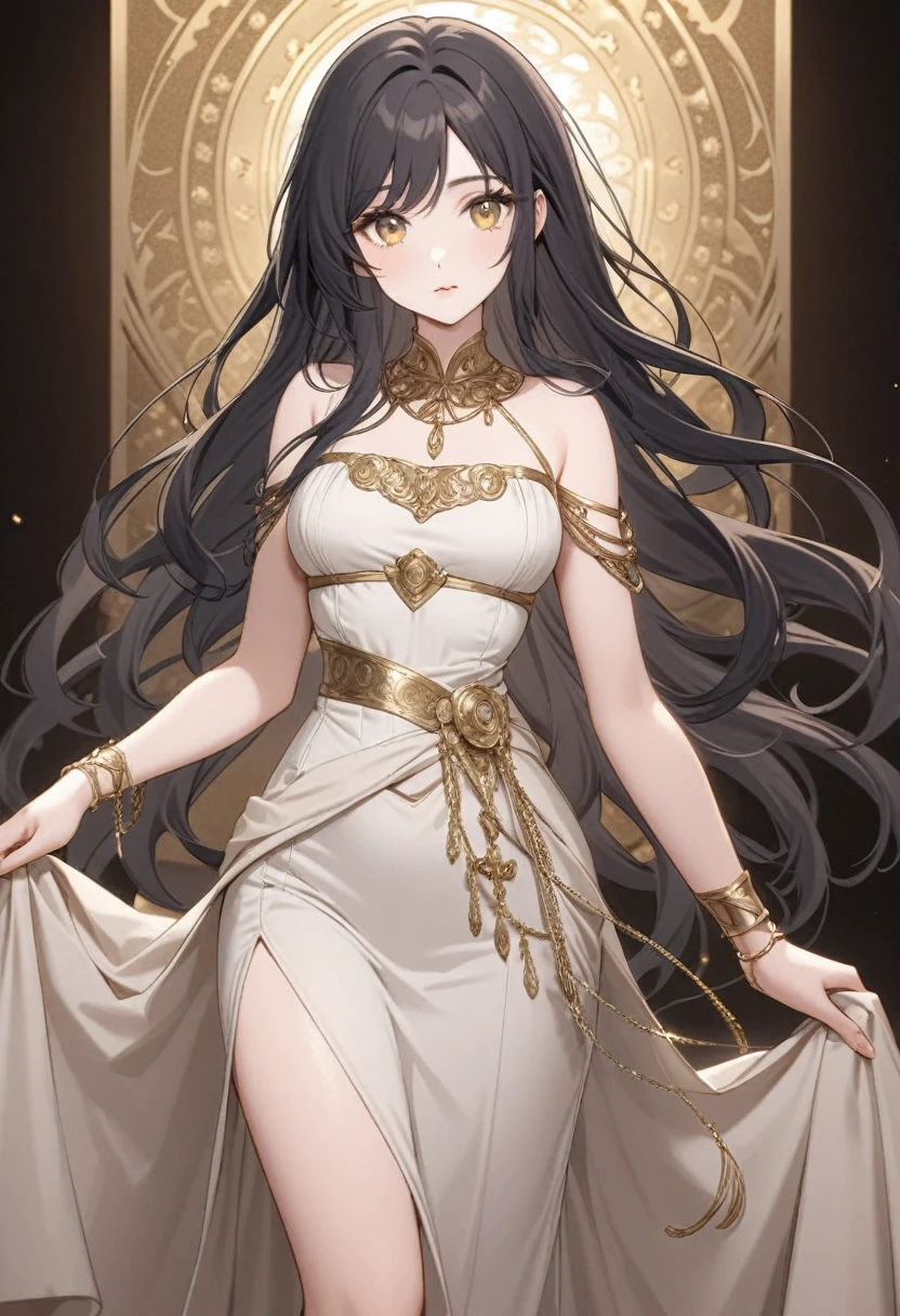 20 years old, with long black hair down to her waist, golden eyes. She wears jewelry and dresses in an antique style, donning a long white dress with golden details. She wears elegant gladiator sandals. She possesses golden powers and has a golden-themed background. 