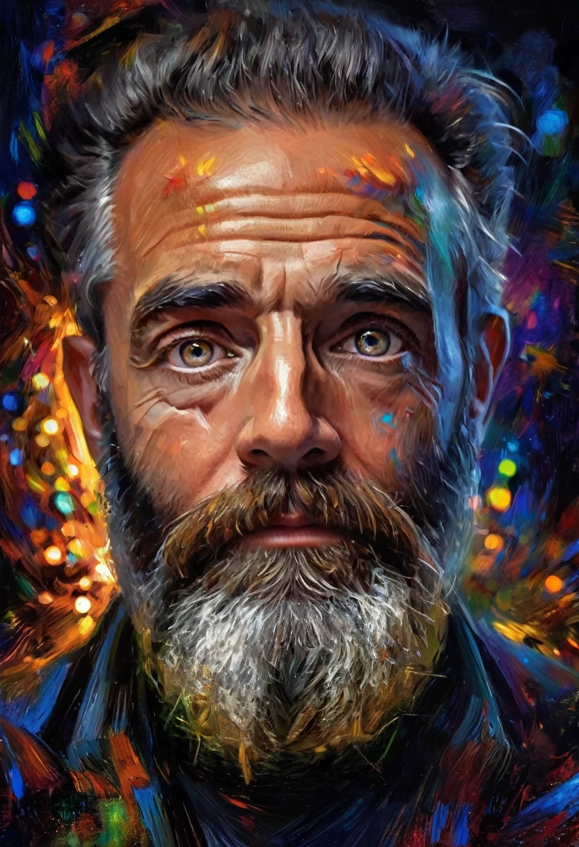 (realismo impressionista por csybgh), retrato de um engenheiro de software, ele está criando prosperidade universal e criando um sistema de inteligência artificial, ele tem uma barba selvagem e olhos hipnóticos, iluminado por telas de computador, motivo de código digital, Obra de arte, 8K,,((todo o corpo:1.9))