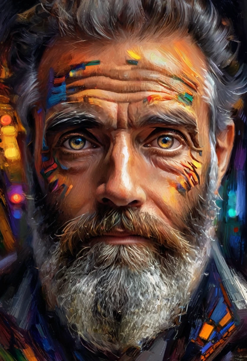 (realismo impressionista por csybgh), retrato de um engenheiro de software, he is creating universal prosperity and creating an artificial intelligence system, he has a wild beard and hypnotic eyes, iluminado por telas de computador, digital code motif, Obra de arte, 8K,,((whole body:1.9))