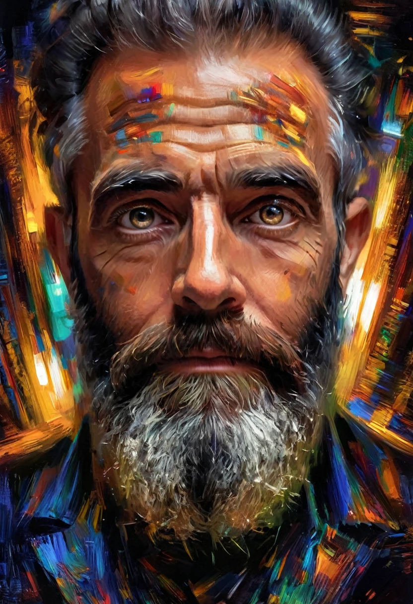 (realismo impressionista por csybgh), retrato de um engenheiro de software, ele está criando prosperidade universal e criando um sistema de inteligência artificial, ele tem uma barba selvagem e olhos hipnóticos, iluminado por telas de computador, motivo de código digital, Obra de arte, 8K,,((todo o corpo:1.9))