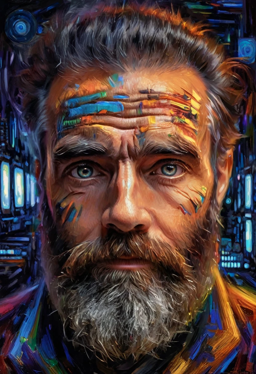 (realismo impressionista por csybgh), retrato de um engenheiro de software, ele está criando prosperidade universal e criando um sistema de inteligência artificial, ele tem uma barba selvagem e olhos hipnóticos, iluminado por telas de computador, motivo de código digital, Obra de arte, 8K,,((todo o corpo:1.9))