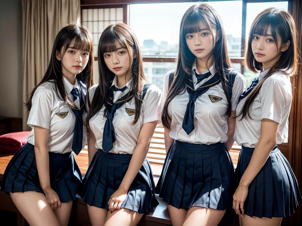 (RAW photo, 4k, masterpiece, high resolution, extremely complex) (realistic: 1.4), cinematic lighting
 ((2 girls, 2 schoolgirls)),Slam Dunk's,blushing,((innocent)),bright eyes,round eyes,blunt bangs,(straight hair:1.3),black hair,large breasts,wide hips,Summer Noon, ,Hot, (Best Quality), (Highres), (an Extremely Delicate and Beautiful),(Beautiful 8k face),(Brown eyes),short bob hair,( spectators),(gigantic breasts),(Play with each other,Touching each other's bodies,Touching the body),(Japanese high school uniform:1.3),blue skirt,(reality),bright lighting,(The background is a luxury hotel room)