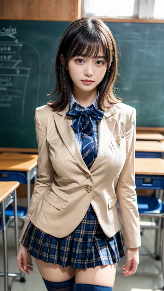 masterpiece, best quality, illustration, Super detailed, fine details, High resolution, 8K,wall paper, perfect dynamic composition,(Details High quality, realistic depiction of eyes:1.3), from side, High School Classroom、High school girl uniform、blazer 、Super Short Check Uniform Skirt、Navy blue high socks、garterbelts、Large swollen breasts, Disturbed uniform,  short bob hair, black hair color, huge breasts, Big Natural Color Lip, bold sexy pose, perfect body shape, crying a little、Harajuku style、20 year old girl、cute type, beautiful legs, hposing Gravure Idol