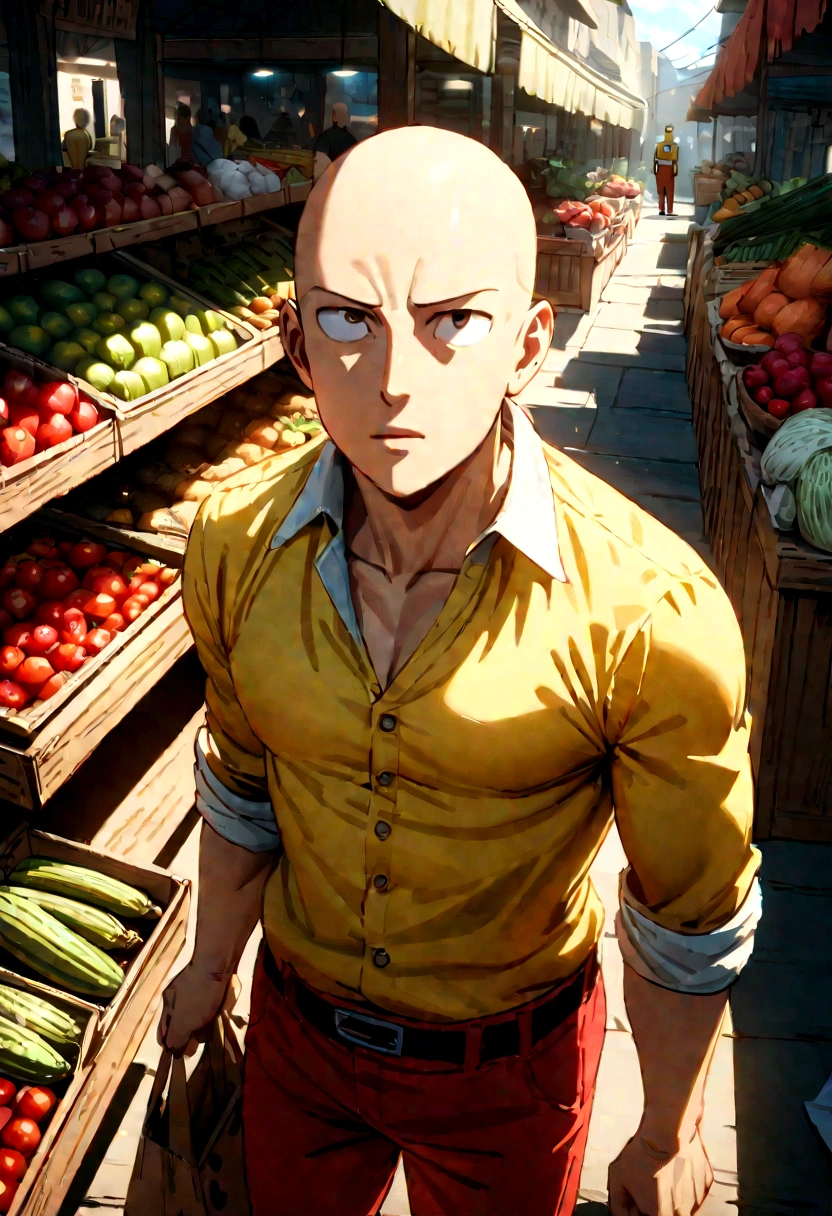 Saitama, one punch man, bald man, brown eyes, yellow one-piece jumpsuit, red gloves, red boots, white cape, looking up, floating, full body, ((serious punch:1.5)), dramatic lighting, cinematic composition, highly detailed, masterpiece