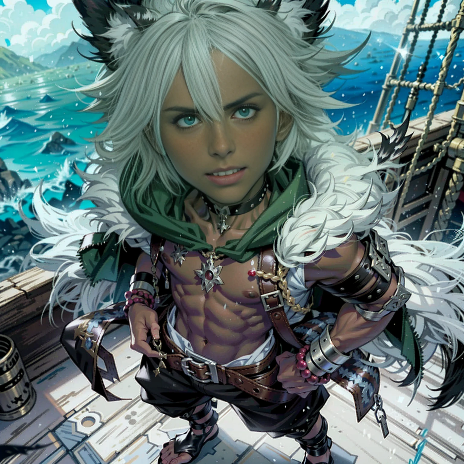 Full body art in the FinalFantasy-Anime style, a beautiful boy with black skin tone like ebony made of shadows, 11-years old, white eyes, spiky white hair lifted upwards, frayed and combed back. He has jaguar ears, sharp teeth and claws on his hands and feet, holding a huge golden flute, wears rustic Druid clothes made of fine leather, with a fur hood, perfect and large feet. on a pirate ship