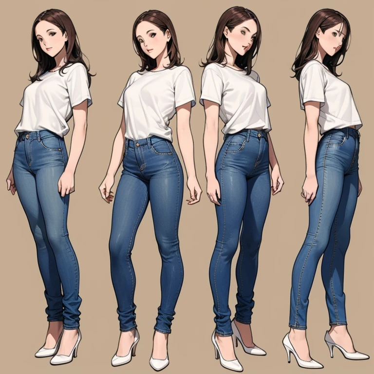 Detailed character sheet, Front view, Side view, Diagonal view, with a white returnground, show women, 30 years old, with short dark brown hair combed return, Wearing light casual clothing, Wearing tight denim jeans. The seat includes different angles, Front etc., return, and Side views, Model sheets and reference sheets, Full-body painting. Proportions are based on a 7.5 head scale.